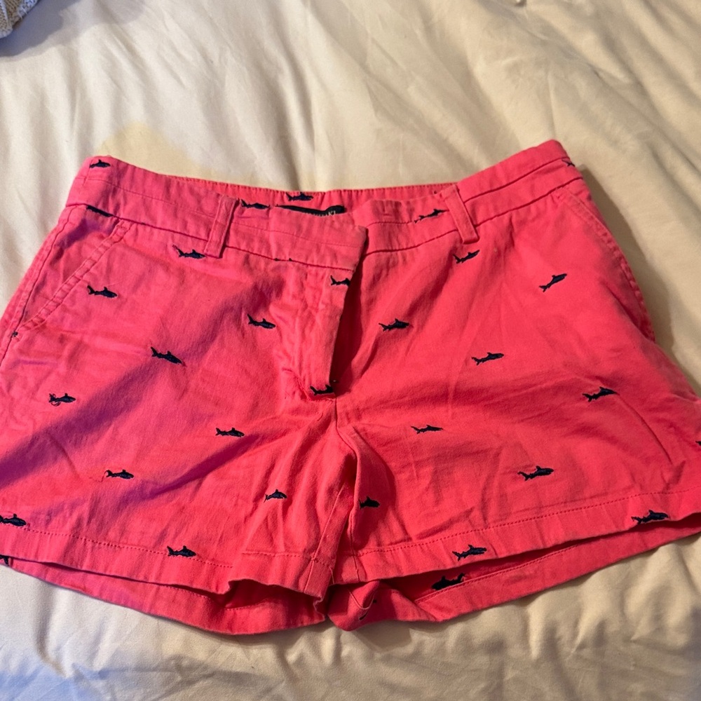British Khaki Bright Pink Shorts with Navy Shark Motif